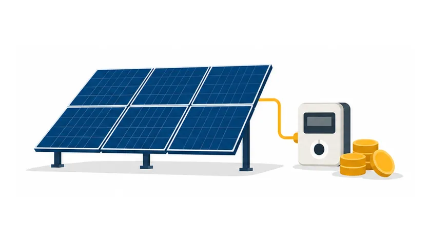 Illustration of solar panels, an electricity meter and savings