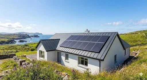 Solar panels on a white coastal house overlooking the sea